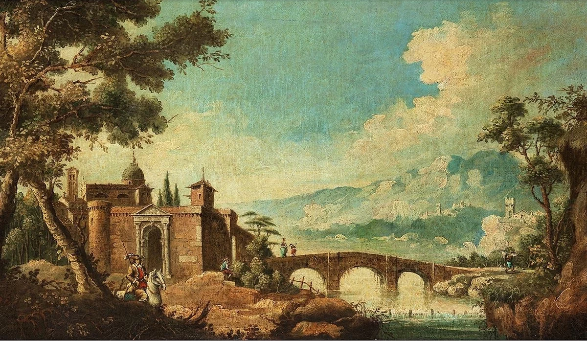 Paesaggio con fiume, ponte in pietra e città